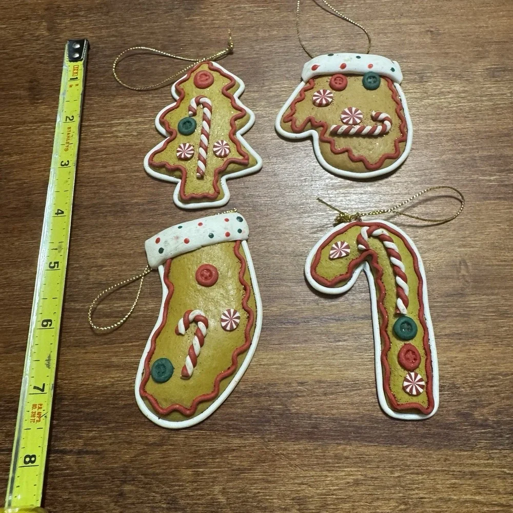 Set Of 4 Christmas Ornaments Handmade Soft Clay - Stocking, Candy Cane,‎ Tree